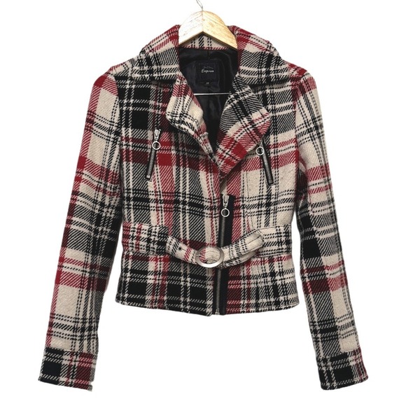 Express Red White Black Checker Plaid Wool Moto Jacket Belted XS‎ Y2K 90s Grunge - Picture 1 of 13